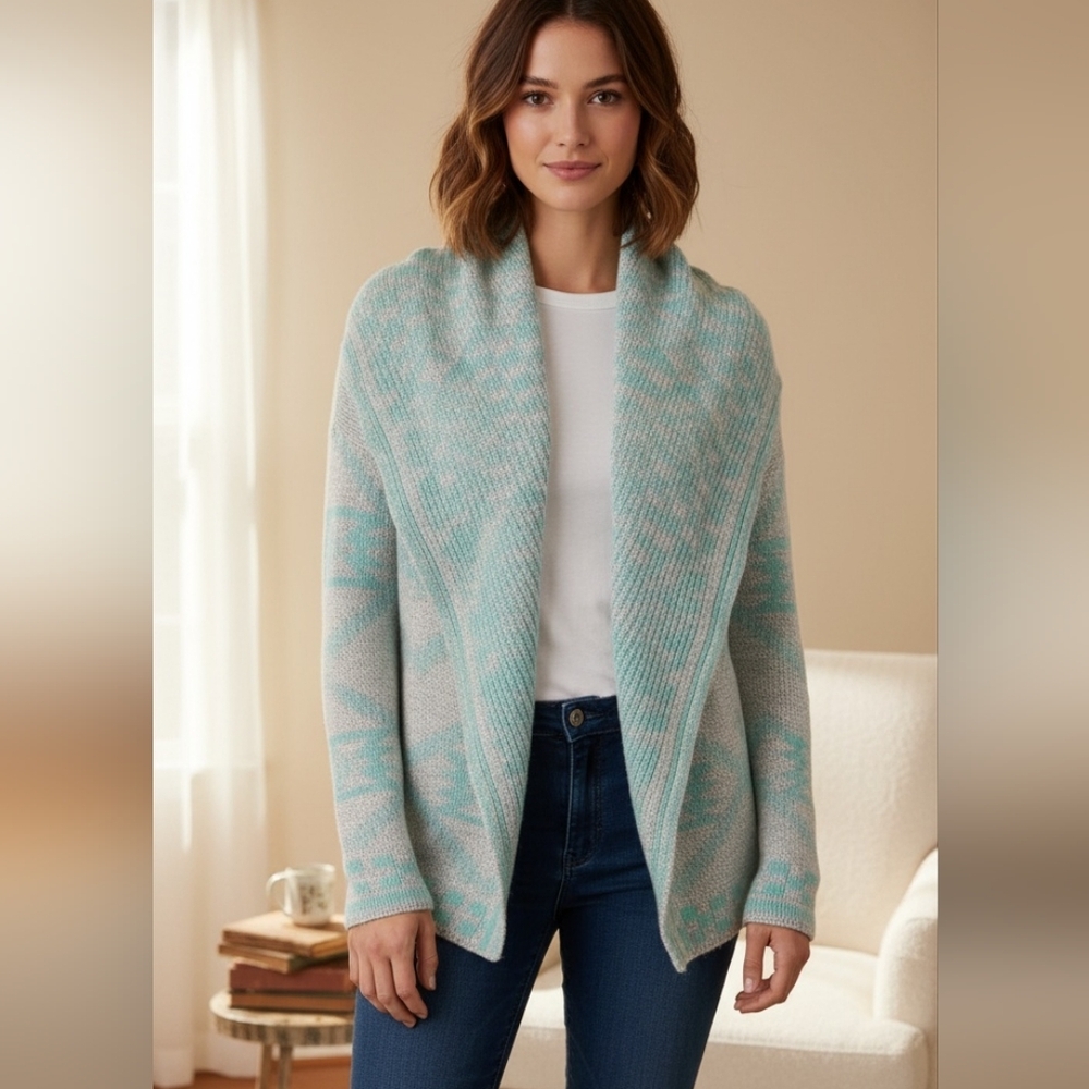 Francescas Miami‎ Light Gray Turquoise Blue Broad Collar Cardigan Sweater Small